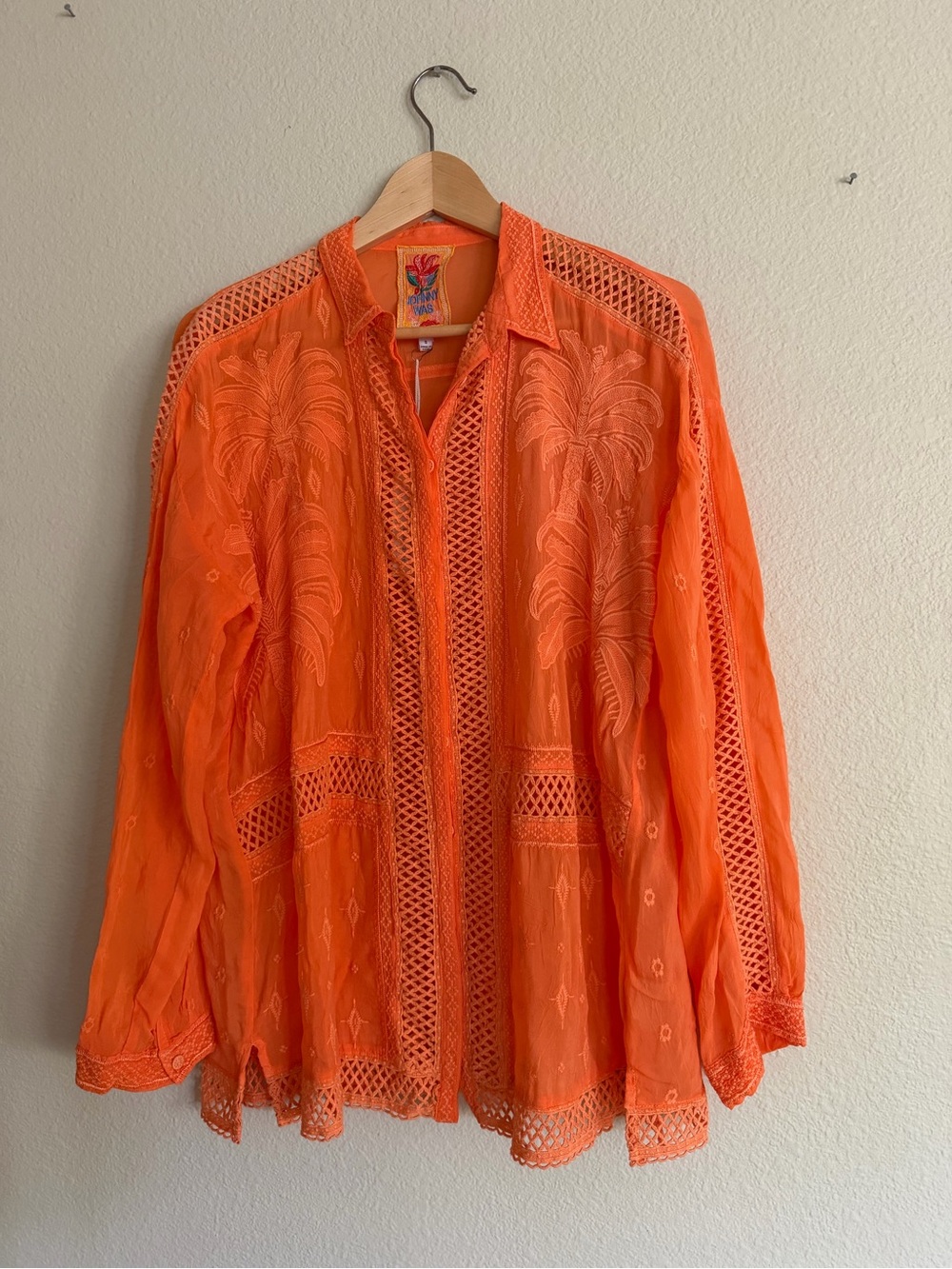 Johnny Was Slim Audrey Button Down Tunic Heba Embroidery Orange Size Small NWT